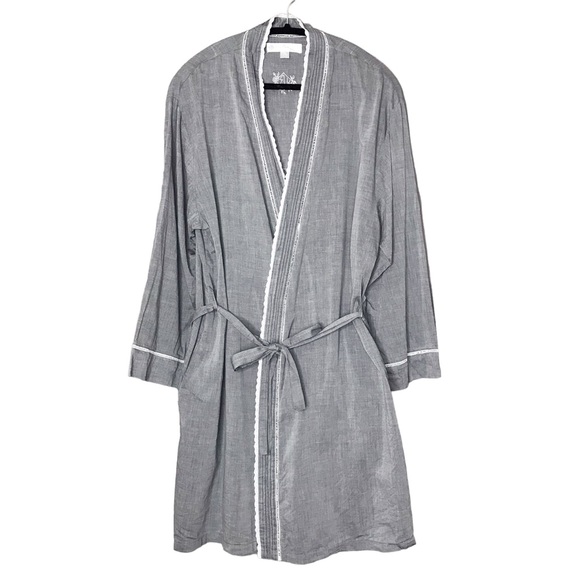 Large Eileen West Bathrobe Robe Sleepwear Lounge Cotton Lace Grey L/XL Bath - Picture 1 of 11